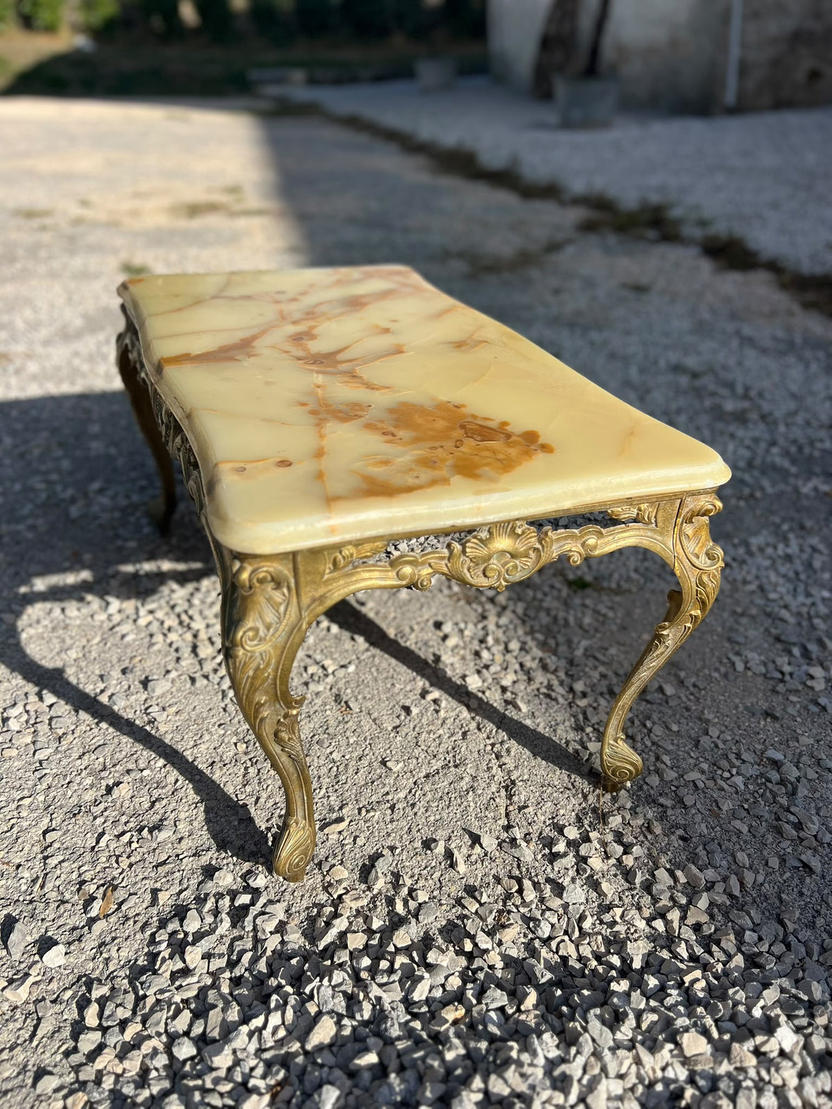 Vintage French Louis XV Style Gilt Metal Coffee Table with Onyx Top