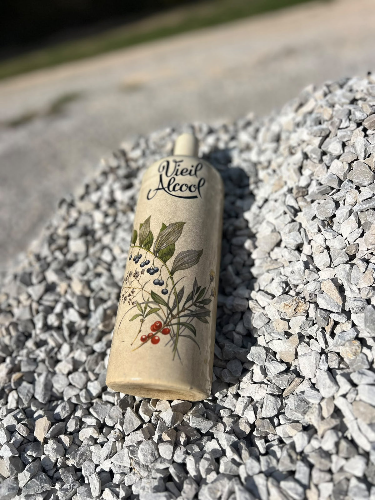 Vintage French Stoneware Bottle "Vieil Alcool" with Botanical Design