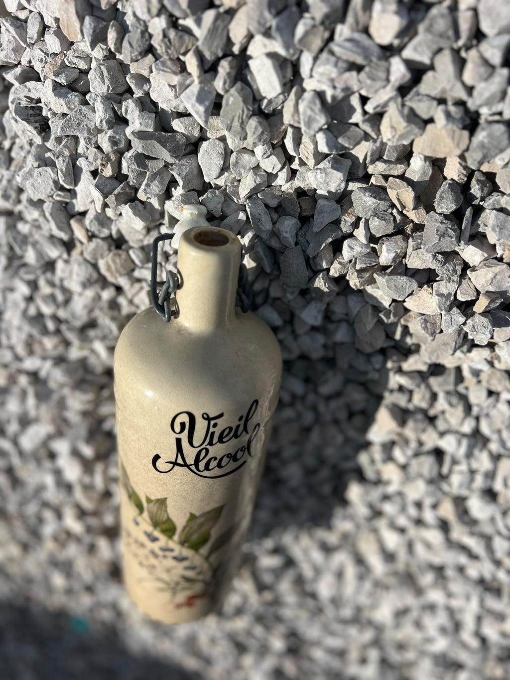 Vintage French Stoneware Bottle "Vieil Alcool" with Botanical Design