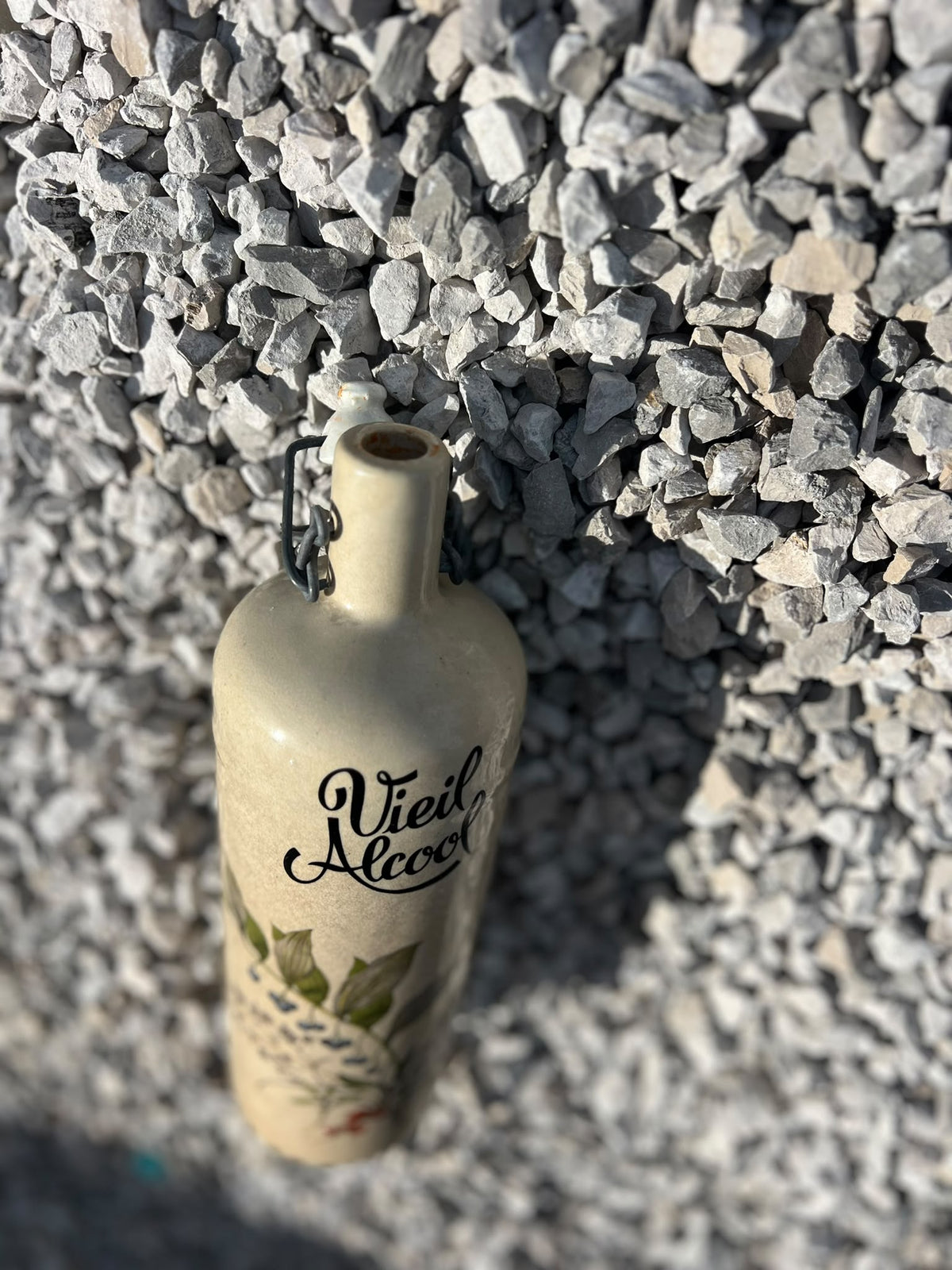 Vintage French Stoneware Bottle "Vieil Alcool" with Botanical Design