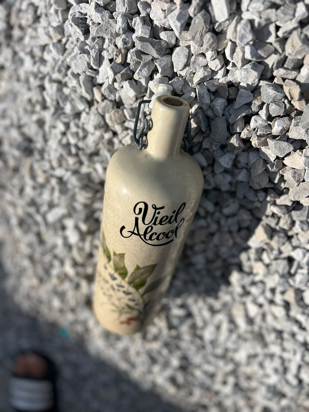 Vintage French Stoneware Bottle "Vieil Alcool" with Botanical Design