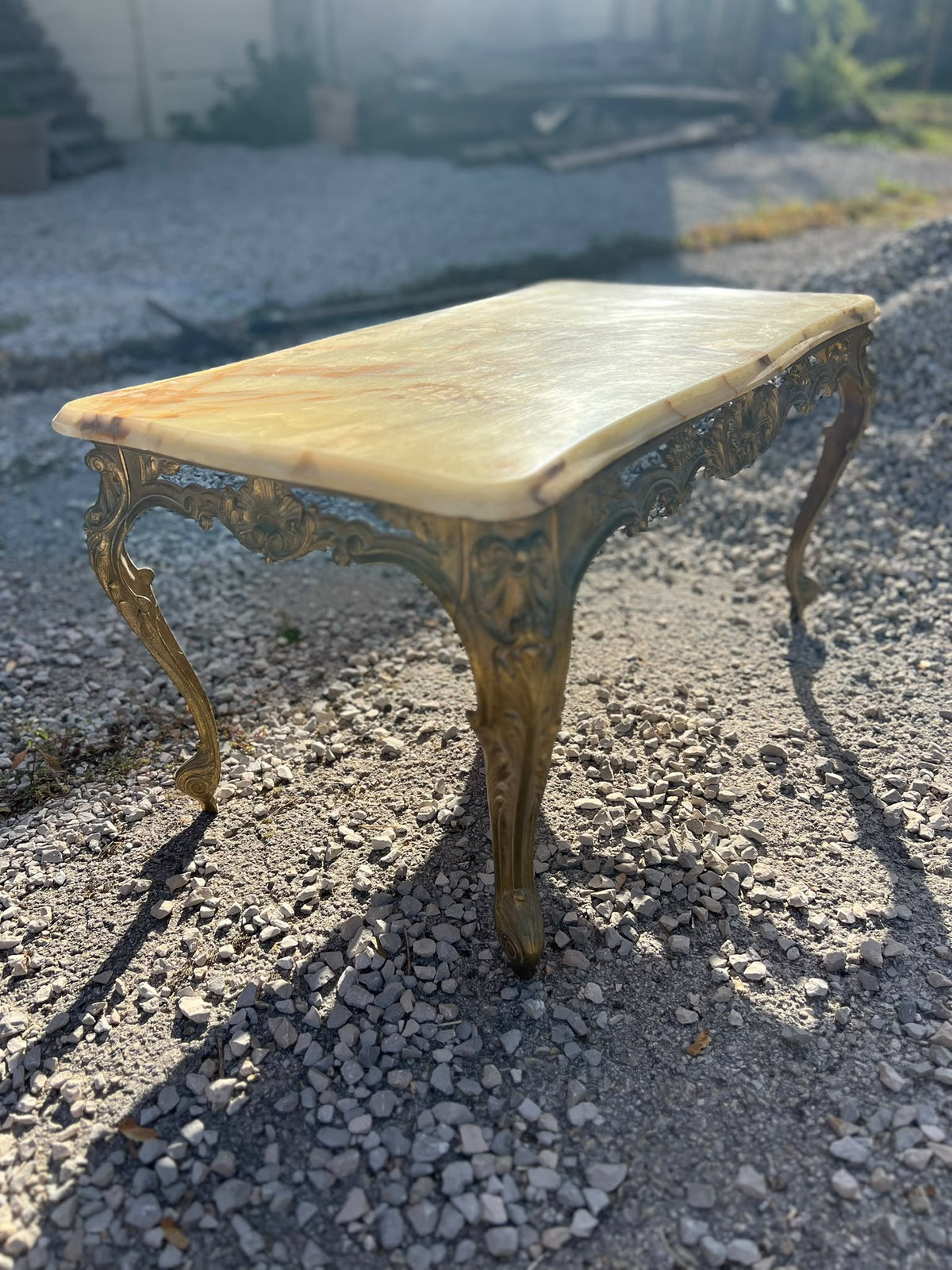 Vintage French Louis XV Style Gilt Metal Coffee Table with Onyx Top