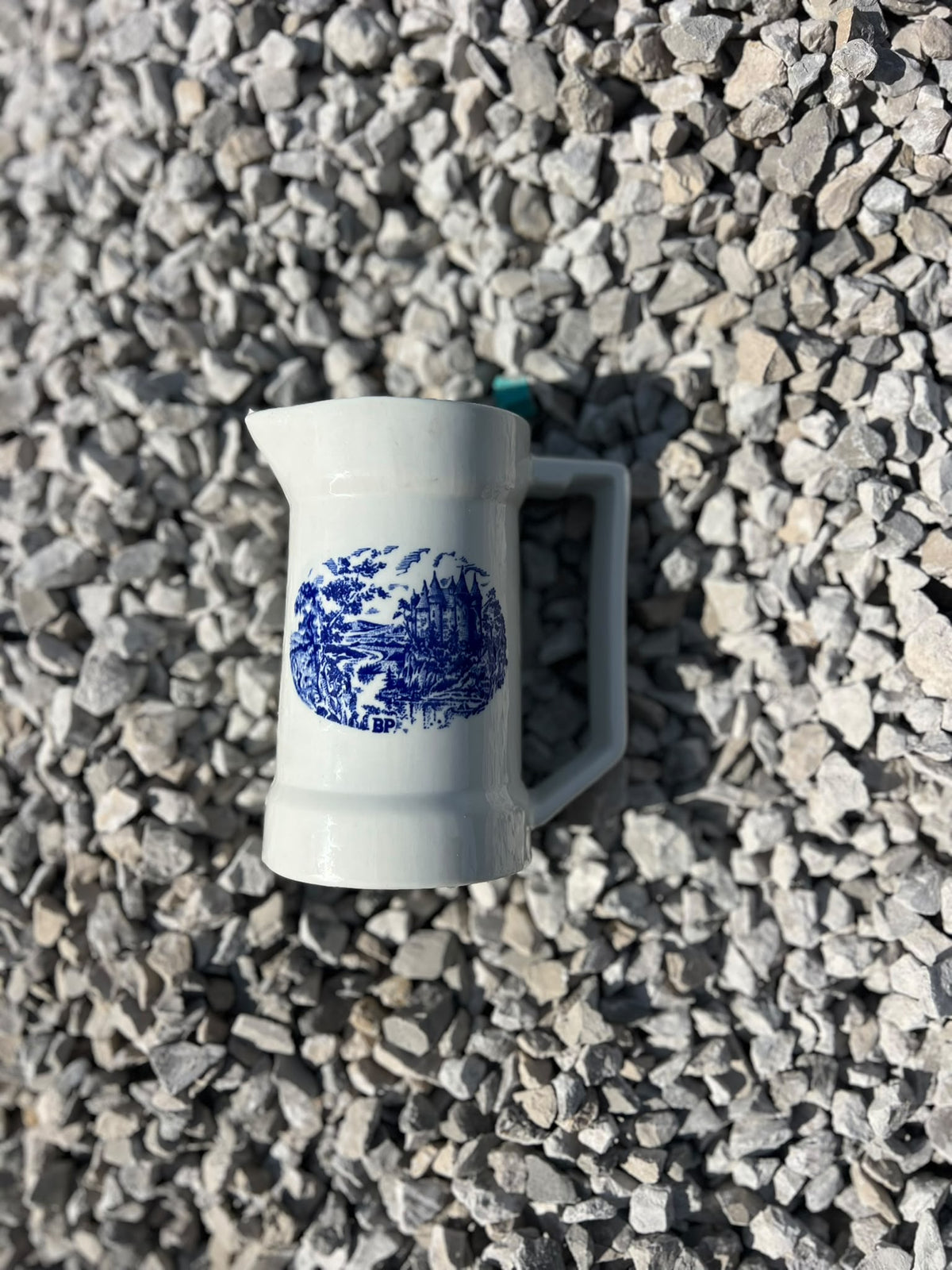 Vintage French Blue and White Porcelain Jug with Château Scene, Pyroblan
