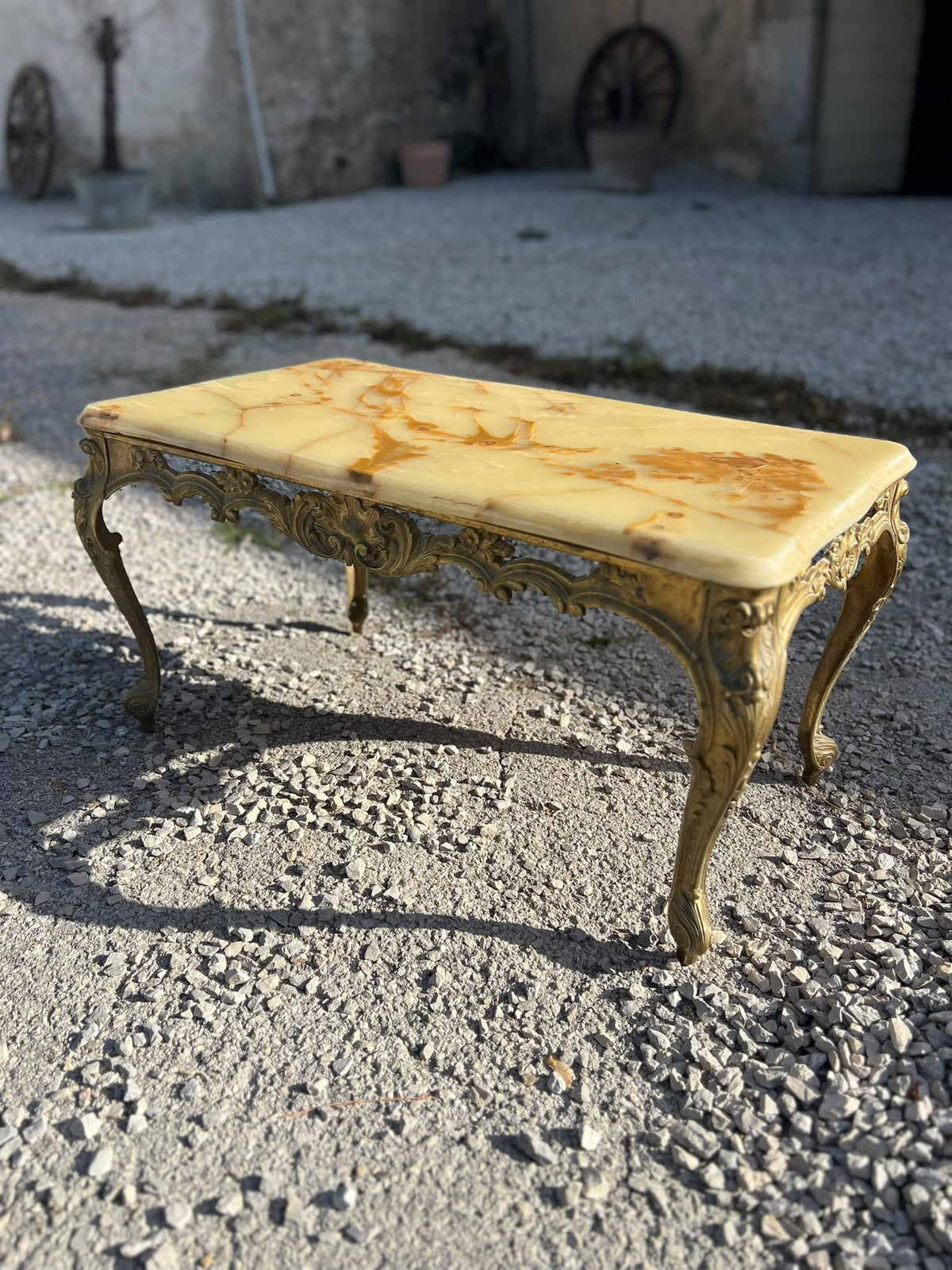 Vintage French Louis XV Style Gilt Metal Coffee Table with Onyx Top