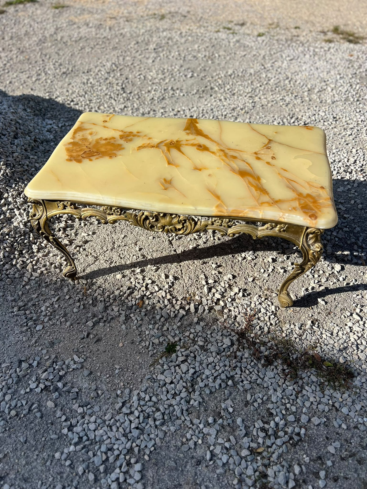 Vintage French Louis XV Style Gilt Metal Coffee Table with Onyx Top