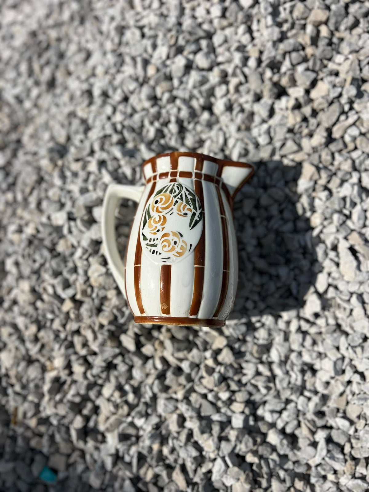 French Art Deco Jug with Brown Stripes and Stylised Roses