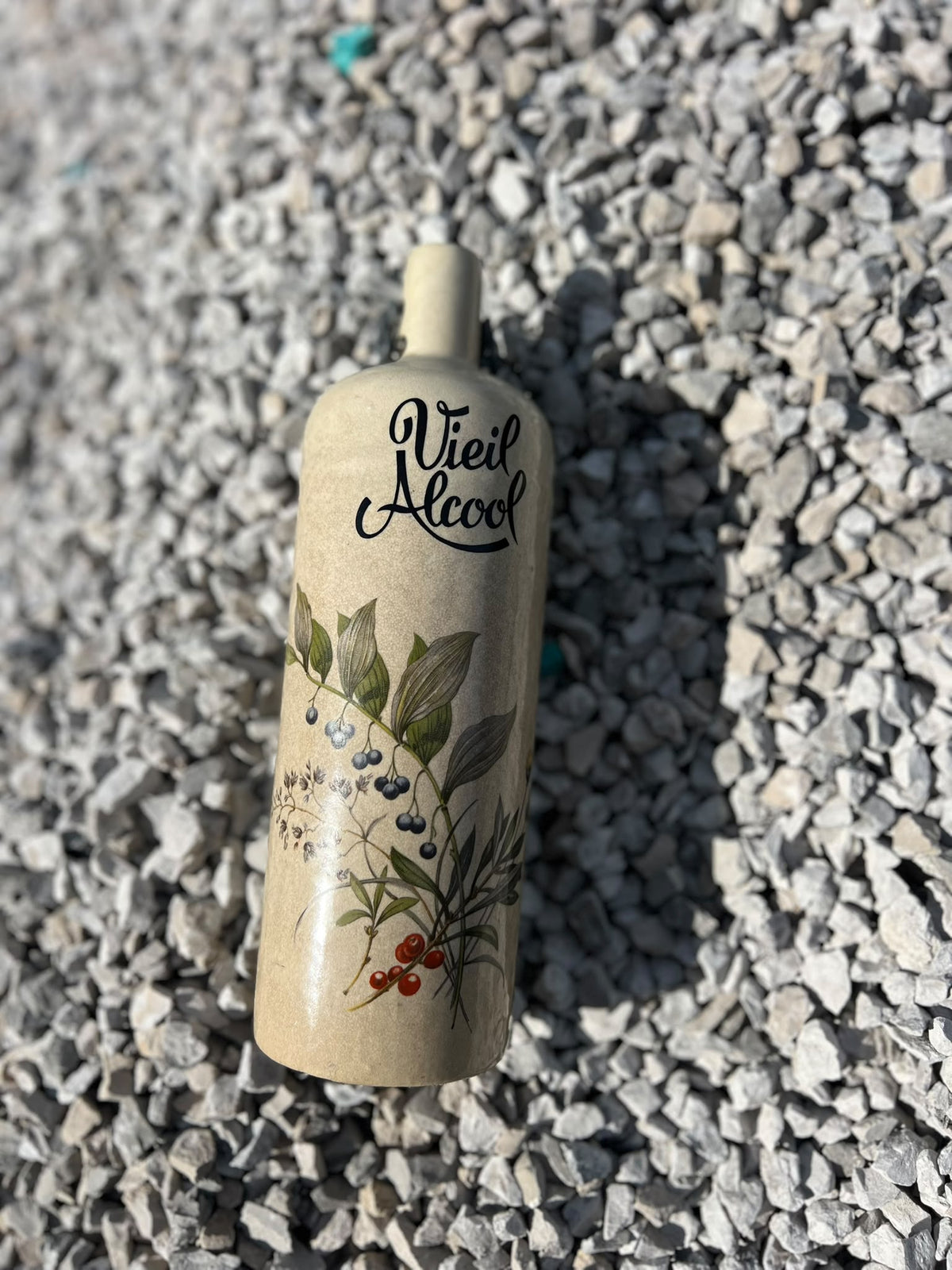 Vintage French Stoneware Bottle "Vieil Alcool" with Botanical Design