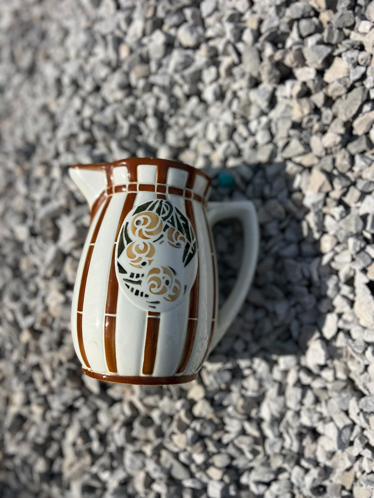 French Art Deco Jug with Brown Stripes and Stylised Roses