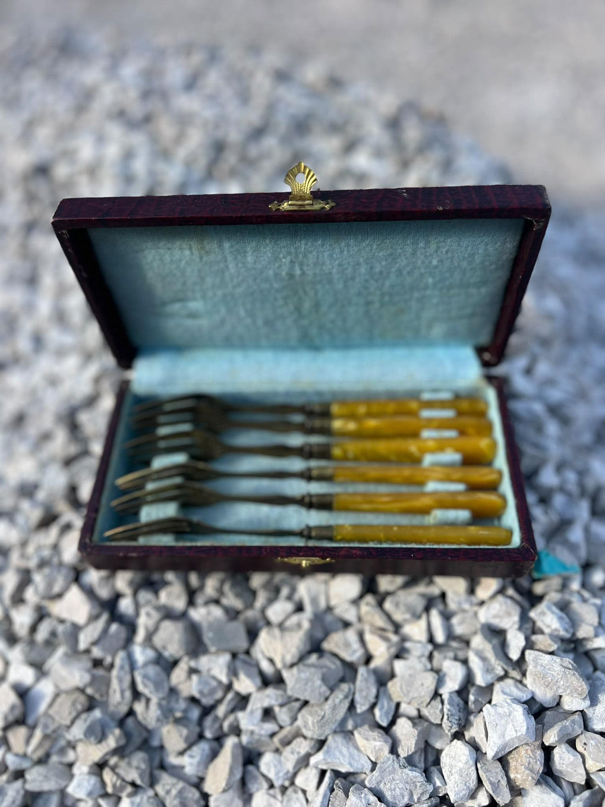 Vintage French Pâtisserie Forks – Amber Marbled Handles, Burgundy Case (Set of 6)