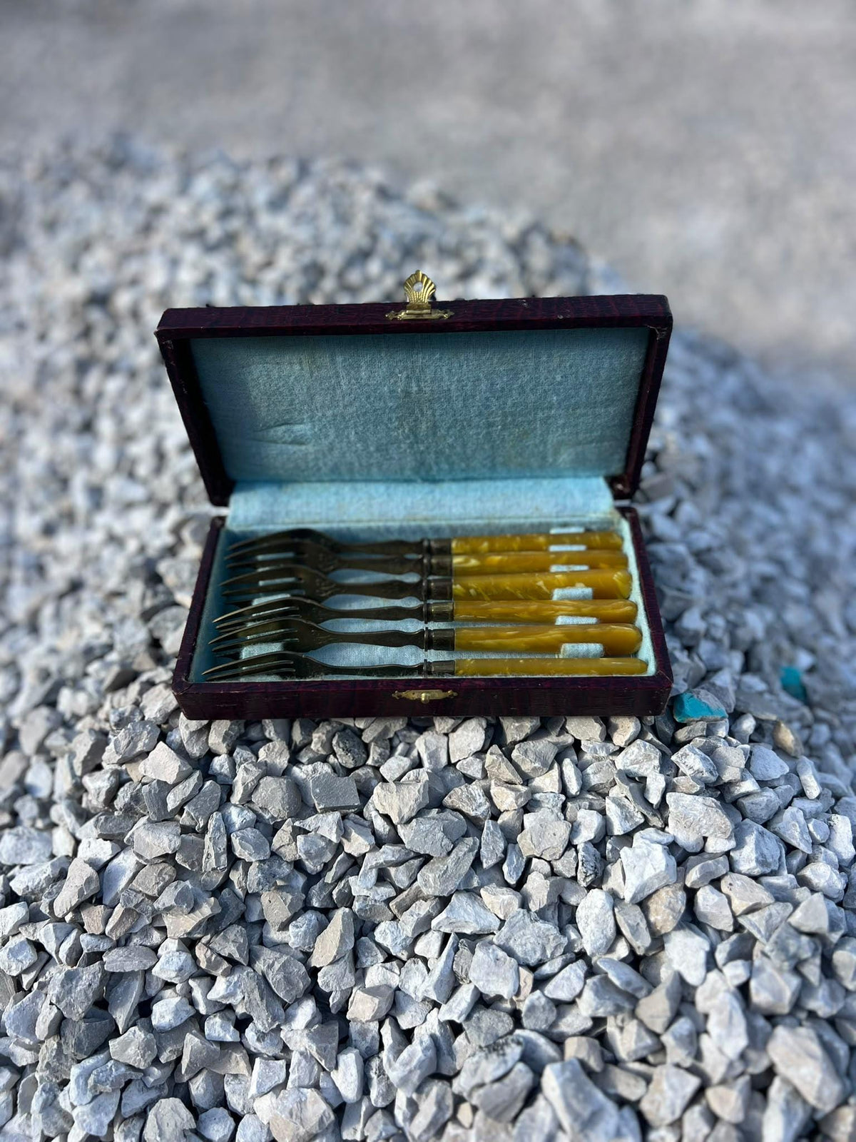 Vintage French Pâtisserie Forks – Amber Marbled Handles, Burgundy Case (Set of 6)