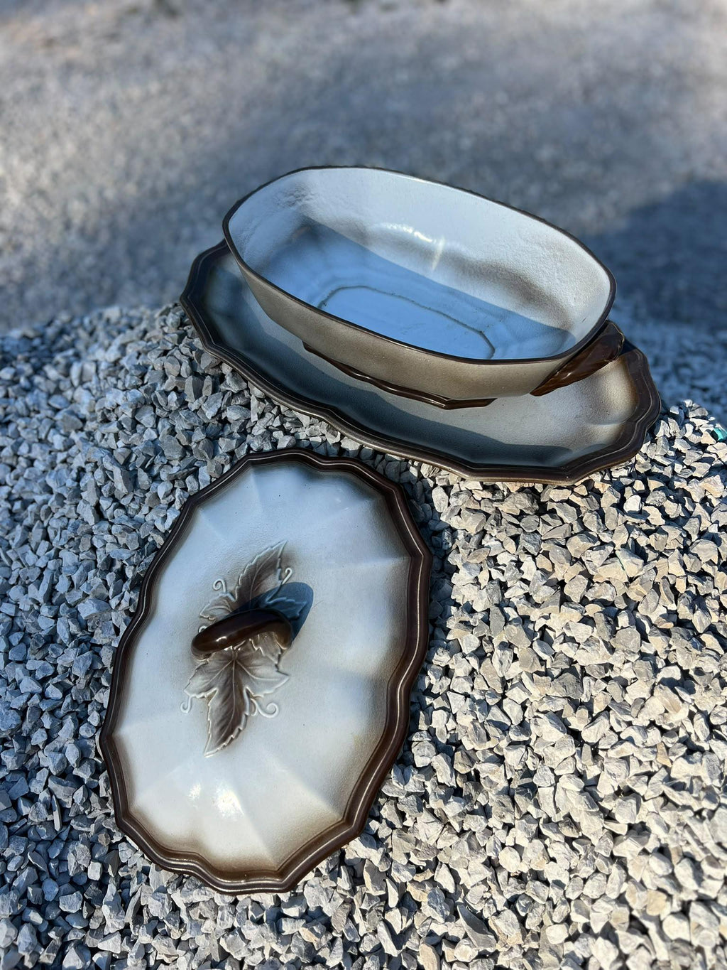 Vintage French Salins Faience Tureen, Cream Brown Glaze, Oval Platter (1950s-70s)