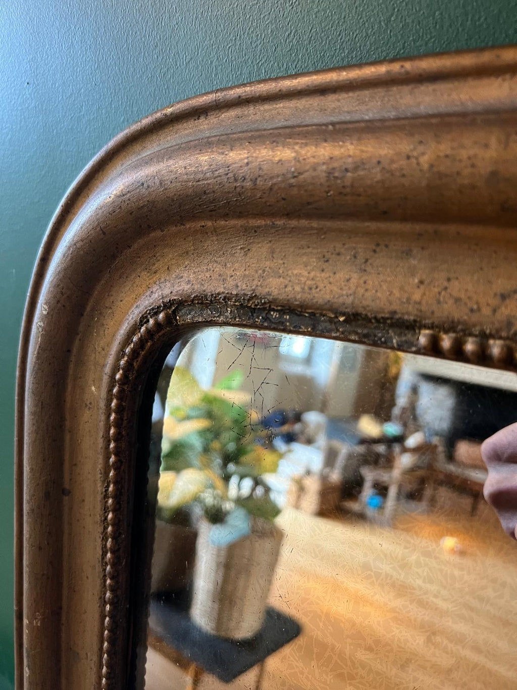 La Ferme Anglaise antique French Louis Philippe gilt mirror with warm bronze-gold frame and beaded border detail