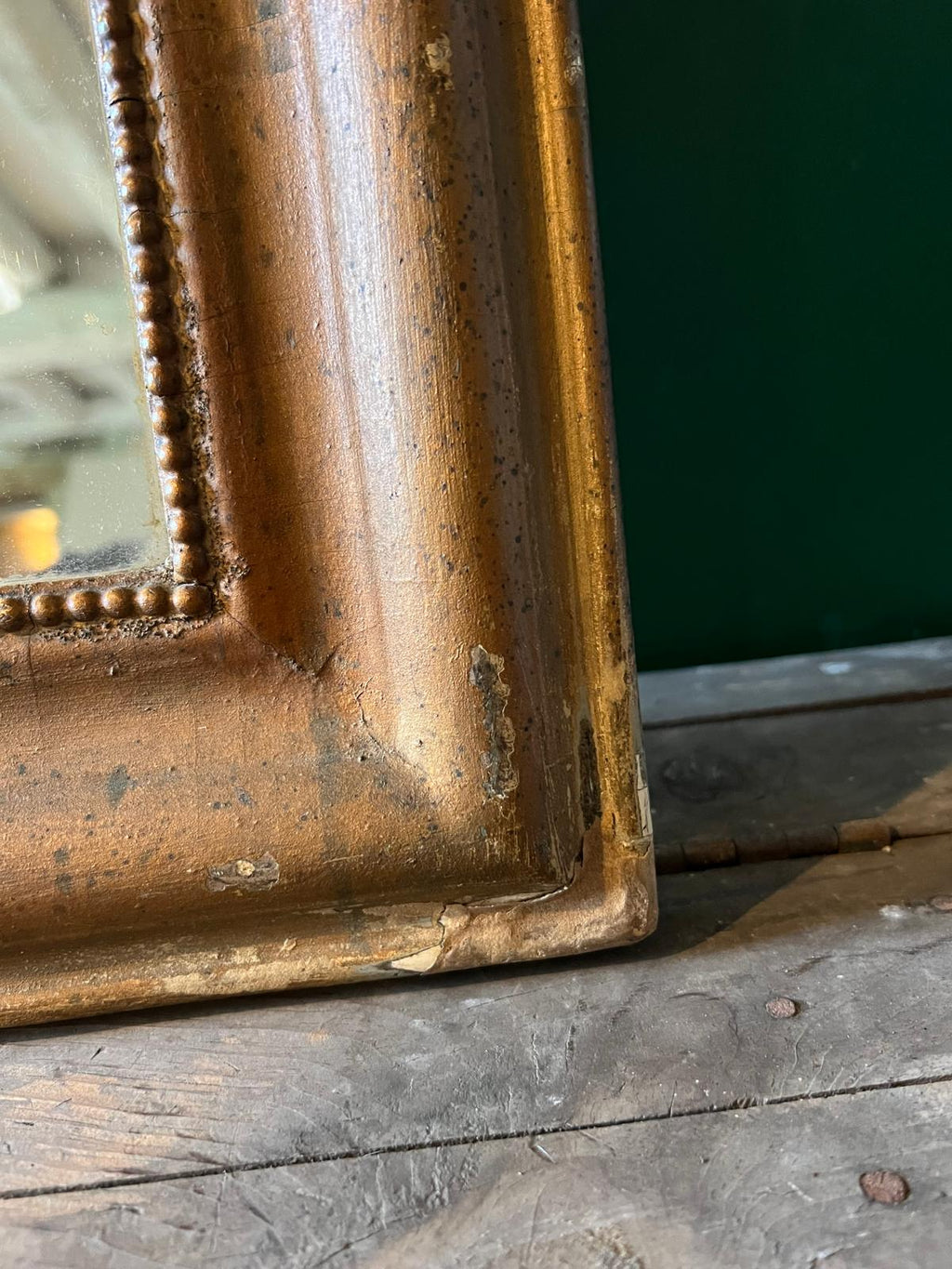 La Ferme Anglaise antique French Louis Philippe gilt mirror frame detail with beaded border and aged bronze finish