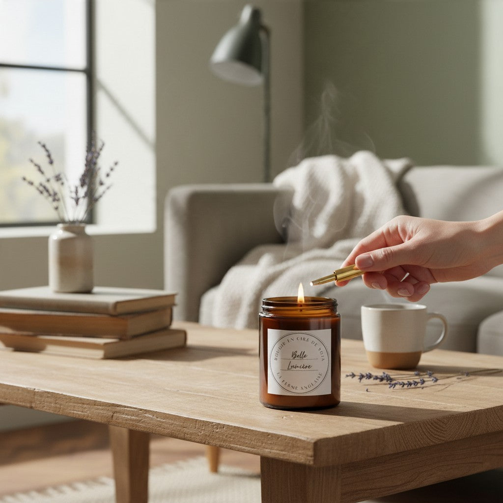 La Ferme Anglaise Belle Lumière soy wax candle in an amber glass jar being lit on a wooden table in a cozy living room