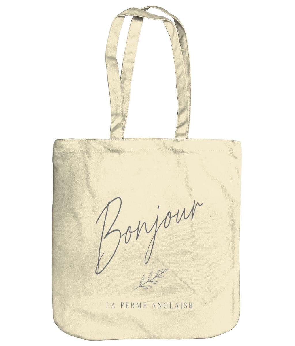 La Ferme Anglaise Bonjour organic brushed cotton canvas tote bag in cream with long shoulder straps.