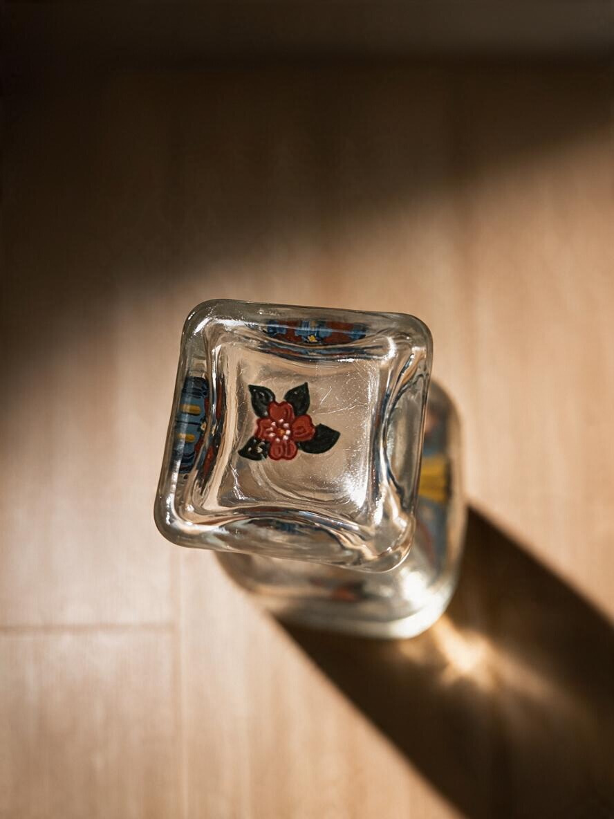 La Ferme Anglaise vintage glass decanter base featuring a hand-painted red folk art flower on a clear square glass