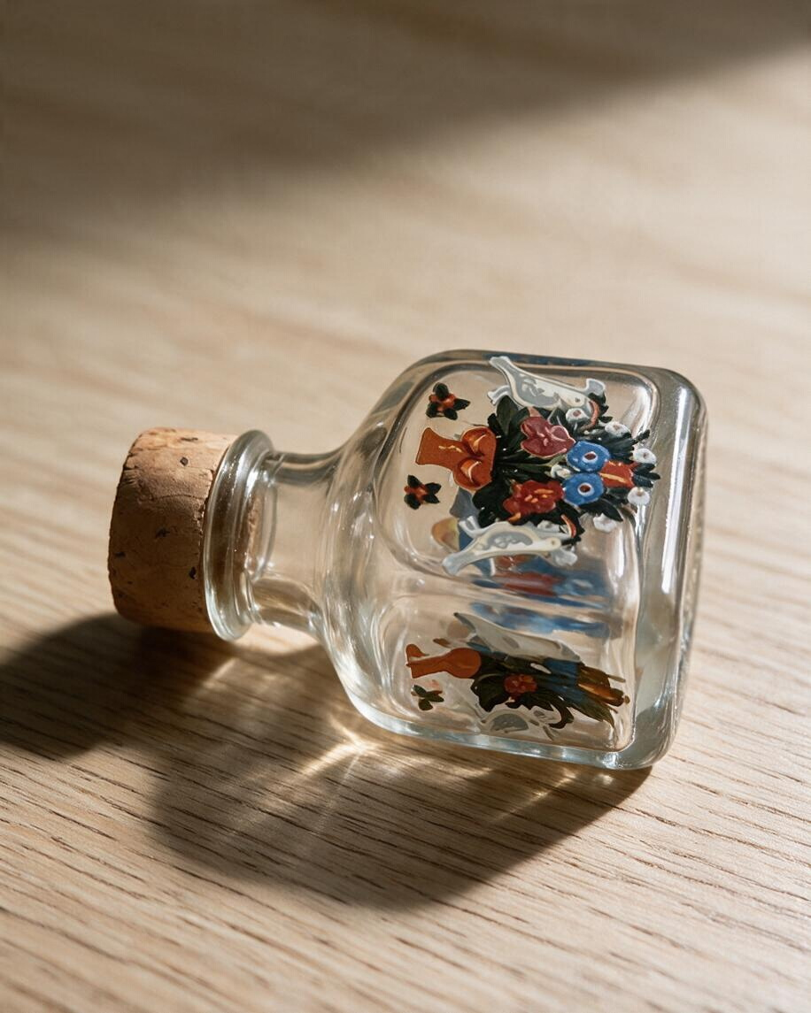 La Ferme Anglaise vintage glass liqueur decanter stopper with hand-painted folk art flower basket and white doves