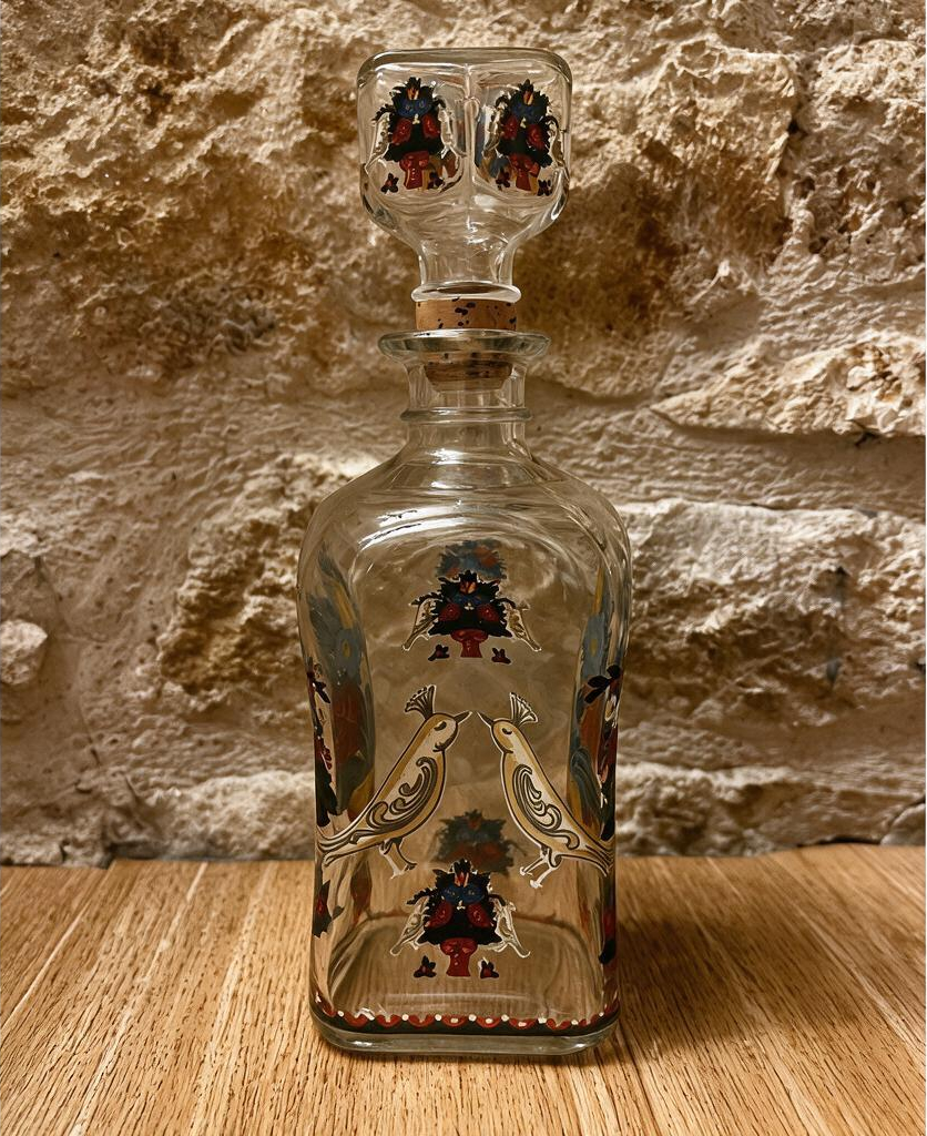 La Ferme Anglaise vintage enamelled glass liqueur decanter with folk art flower and dove motifs and painted stopper