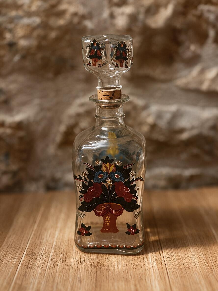 La Ferme Anglaise vintage enamelled glass liqueur decanter with folk art flower basket design and painted stopper