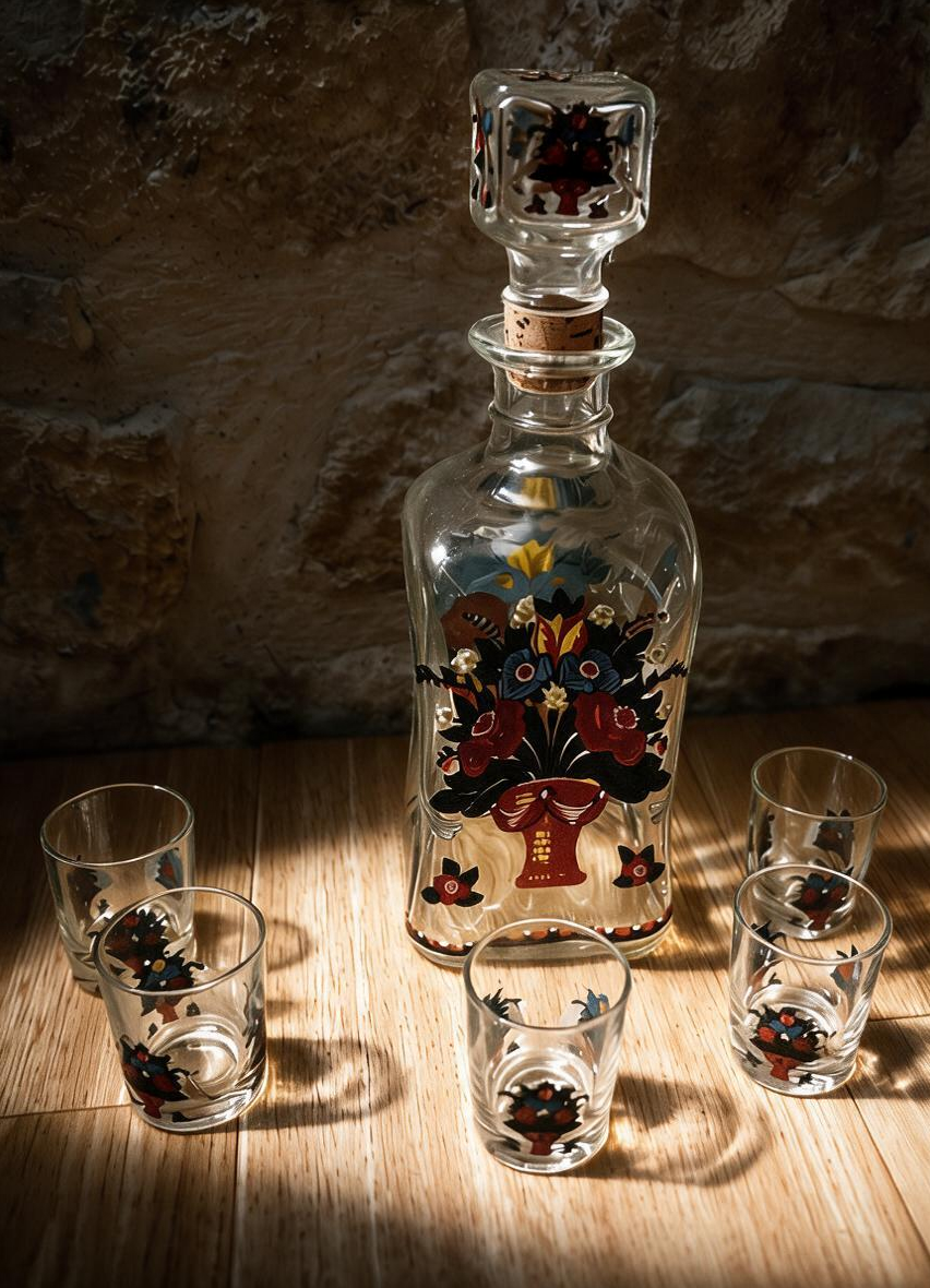 La Ferme Anglaise vintage enamelled glass liqueur decanter set with five glasses featuring folk art floral motifs.