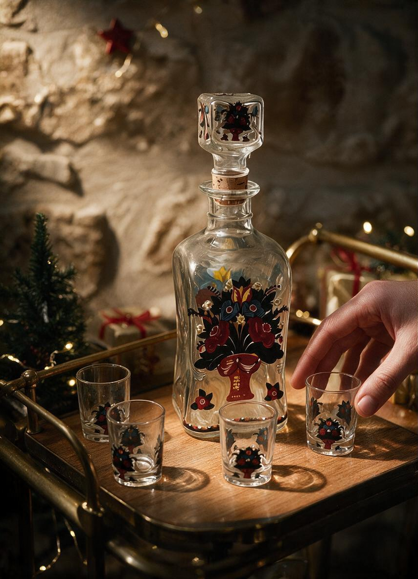 La Ferme Anglaise vintage enamelled glass liqueur decanter set with folk art flower motifs and five matching glasses.