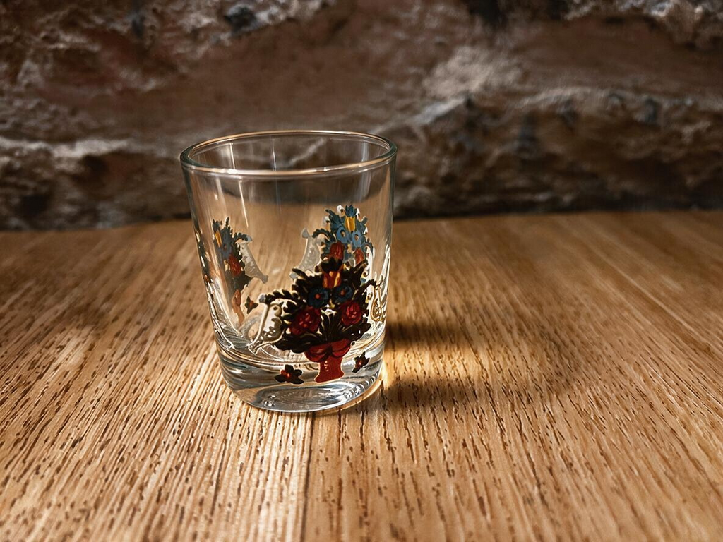 La Ferme Anglaise vintage glass liqueur shot glass with colourful enamelled folk art flower basket design