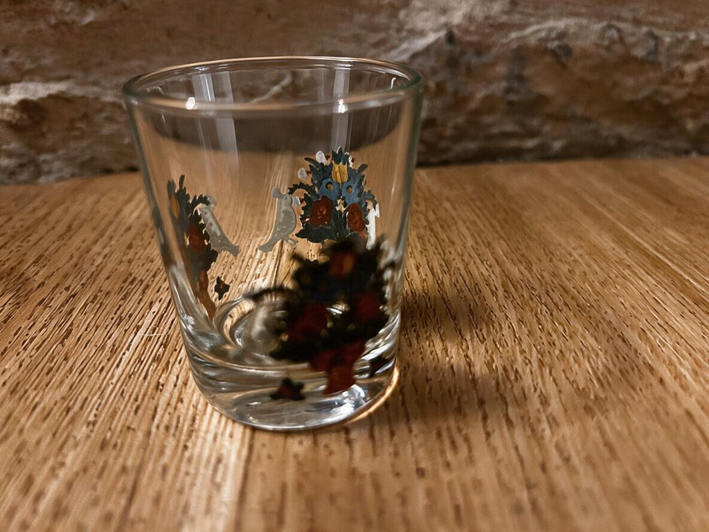 La Ferme Anglaise vintage glass liqueur shot glass with colourful folk art flower and dove enamel painting