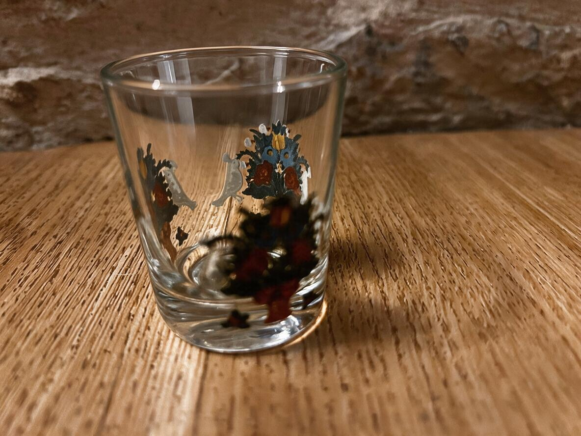 La Ferme Anglaise vintage glass liqueur shot glass with colourful folk art flower and dove enamel painting