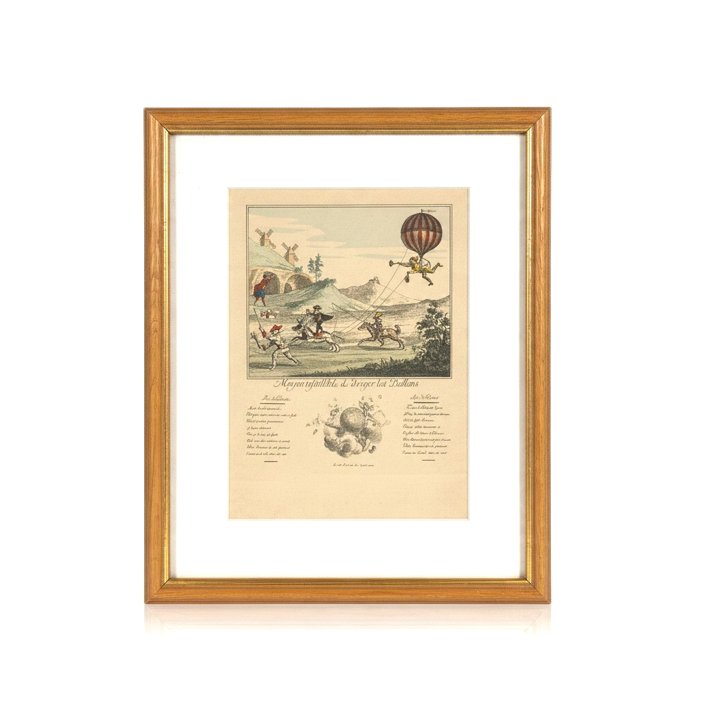 La Ferme Anglaise framed 18th-century French hot air balloon caricature art print with gilt-edged wooden frame.