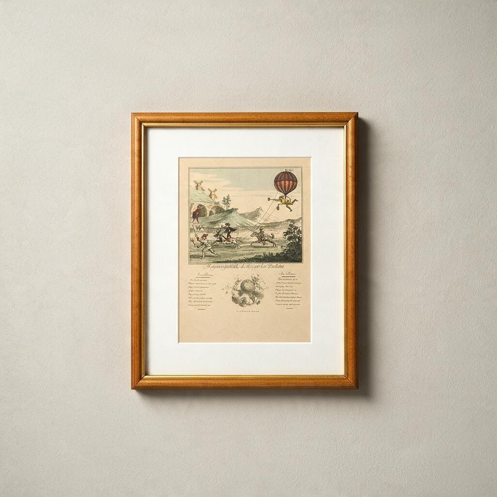 La Ferme Anglaise framed 18th-century style hot air balloon caricature art print with a gilt-edged wooden frame.