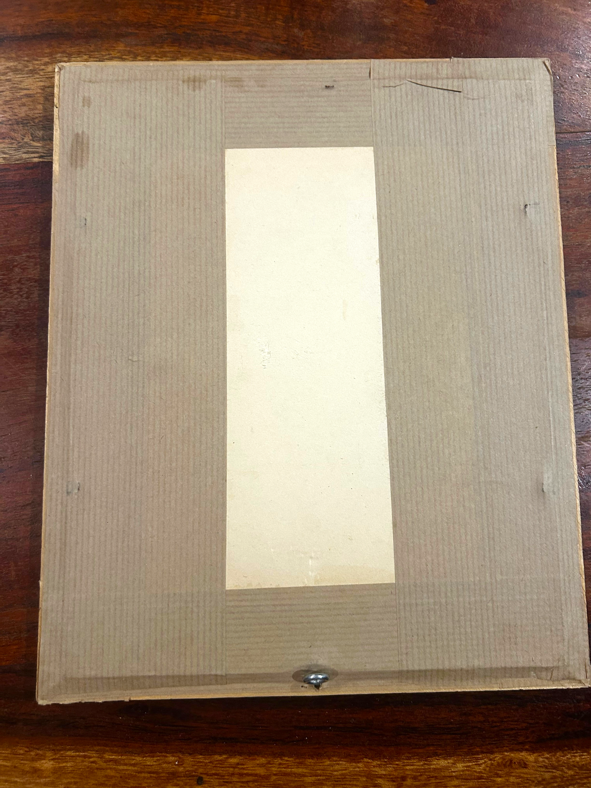 Back view of a La Ferme Anglaise vintage framed art print showing the brown paper backing and central label area.