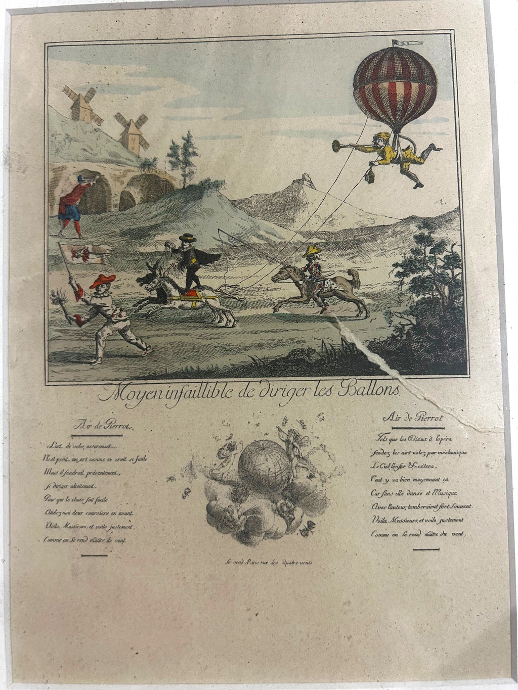 La Ferme Anglaise vintage French hot air balloon caricature art print in a gilt-edged wood frame with ivory mount