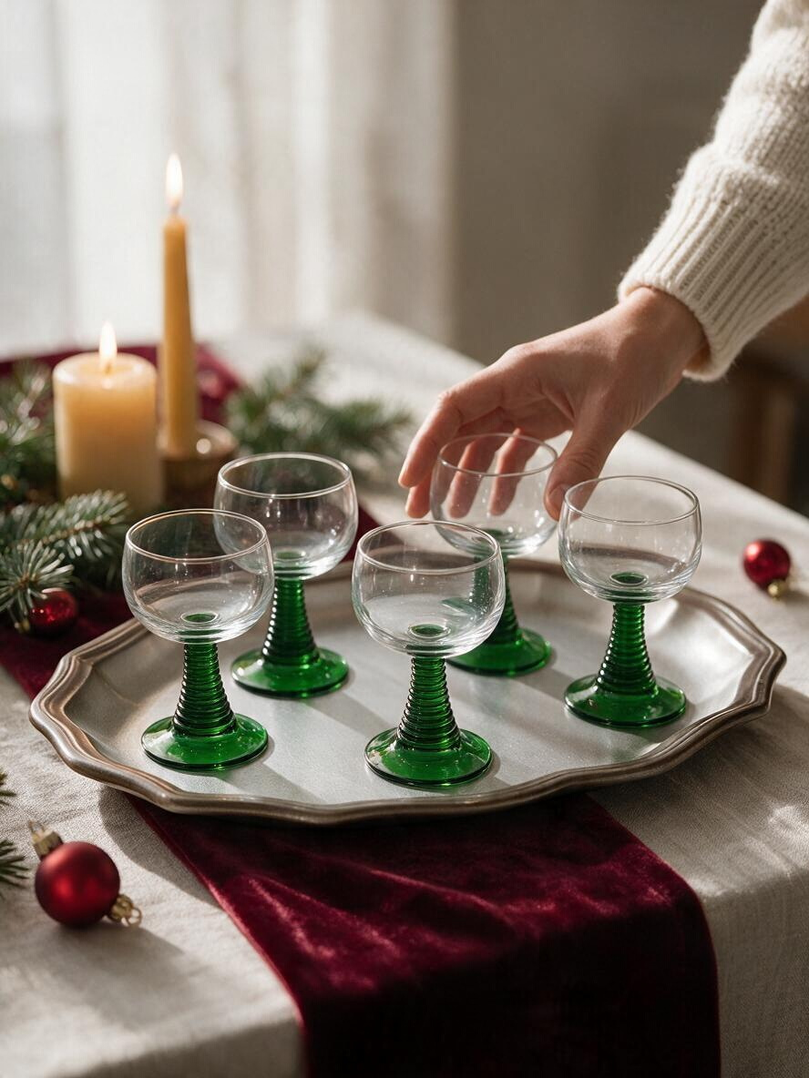 La Ferme Anglaise set of six vintage French bistro wine glasses with clear bowls and ribbed green glass stems