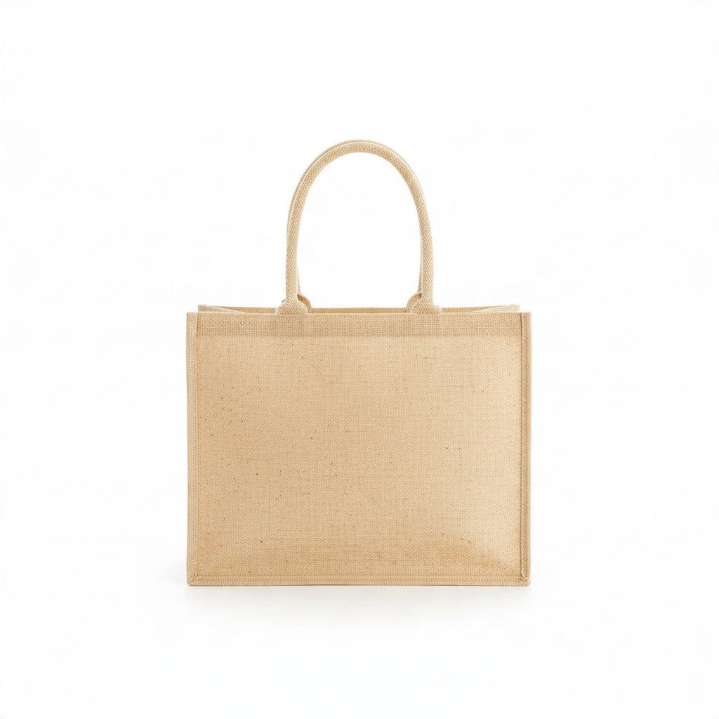 La Ferme Anglaise laminated jute shopper bag with a natural cotton canvas front pocket and sturdy carry handles.