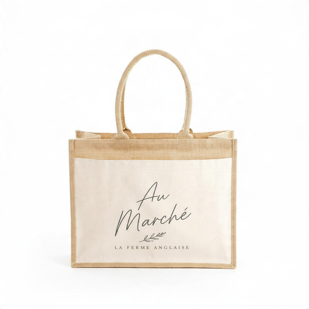 La Ferme Anglaise jute shopper bag with a cream cotton canvas front pocket and sturdy cotton carry handles.