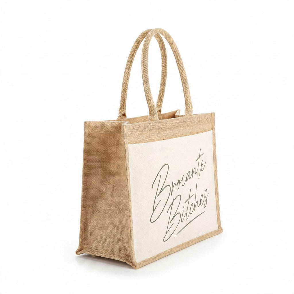 La Ferme Anglaise jute shopper bag with cream cotton canvas pocket and Brocante Bitches script print
