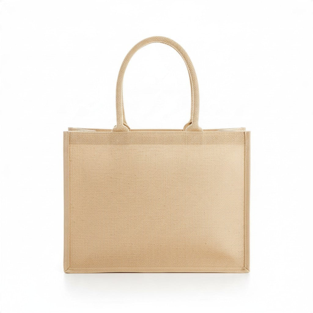 La Ferme Anglaise laminated jute shopper tote bag with a natural cotton canvas front pocket and sturdy carry handles.
