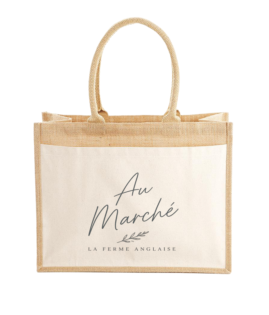 La Ferme Anglaise Au Marche jute shopper bag with a natural cotton canvas front pocket and sturdy carry handles.