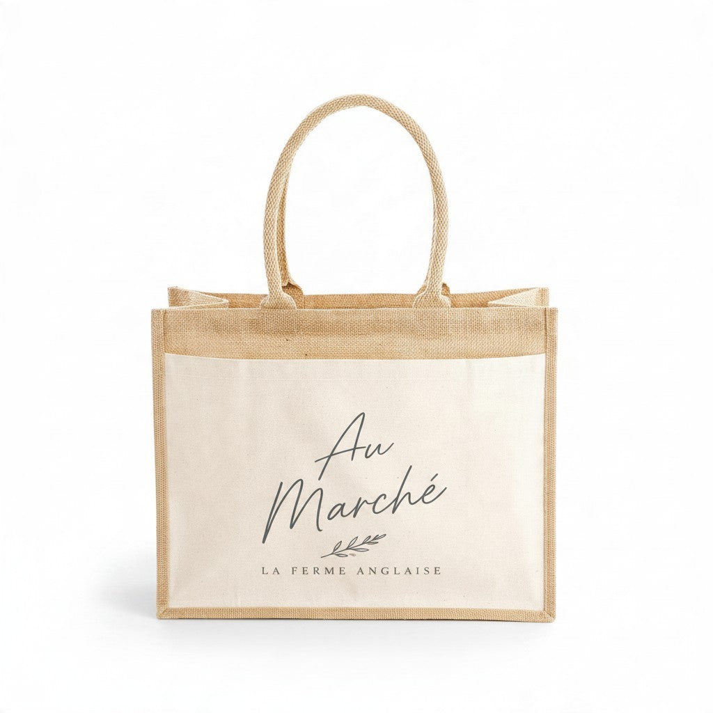 La Ferme Anglaise jute shopper bag with a cream cotton canvas front pocket and sturdy cotton carry handles.