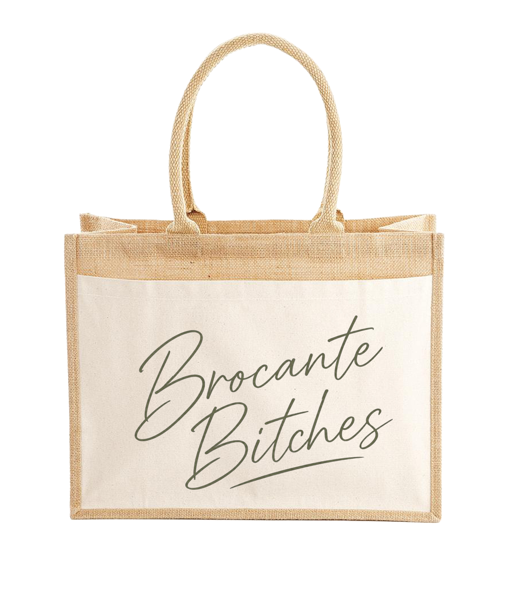La Ferme Anglaise jute and cotton canvas shopper tote bag with Brocante Bitches print on the front pocket
