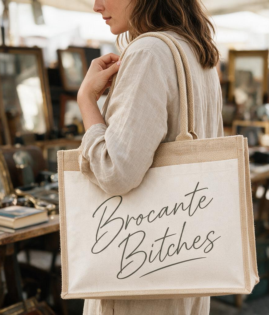 La Ferme Anglaise jute shopper tote with cotton canvas pocket and Brocante Bitches print carried by a woman