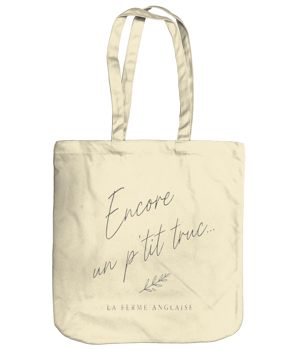 La Ferme Anglaise organic brushed cotton canvas tote bag in cream with black script text and leaf illustration
