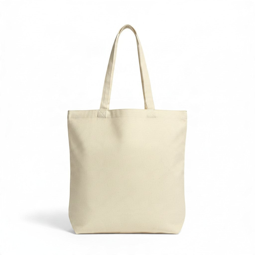 La Ferme Anglaise Bonjour organic brushed cotton canvas tote bag in natural beige with long shoulder straps.