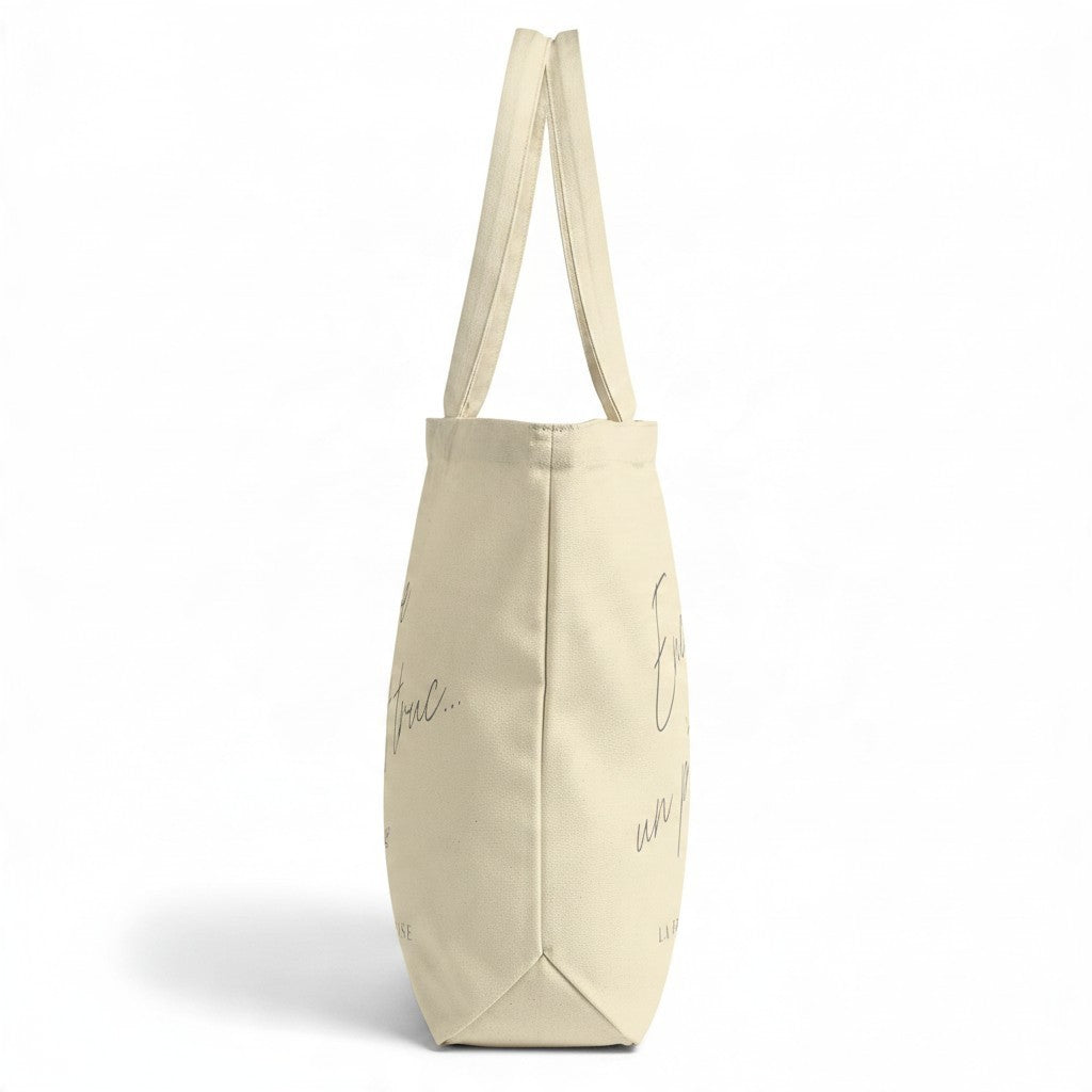 La Ferme Anglaise organic brushed cotton canvas tote bag in cream with long shoulder straps and elegant text print