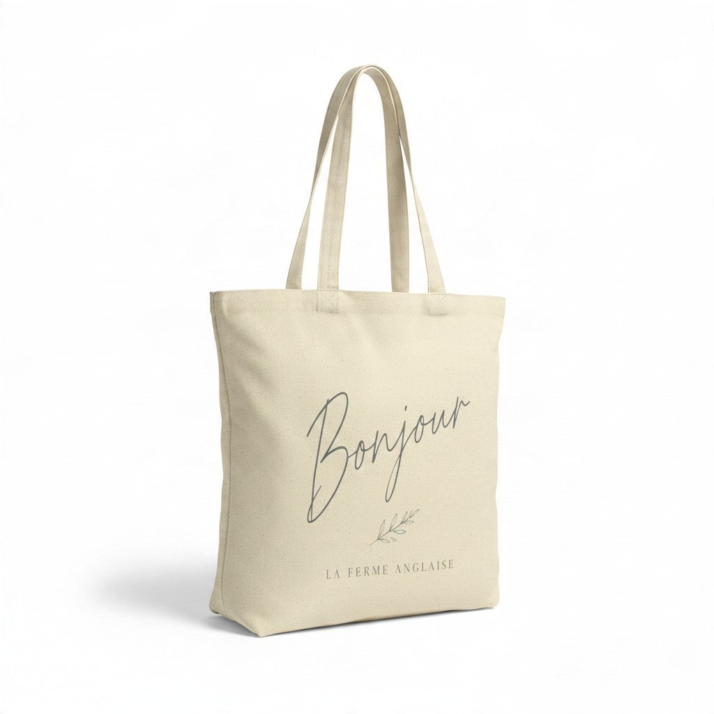 La Ferme Anglaise organic brushed cotton canvas tote bag in cream with Bonjour script and botanical detail