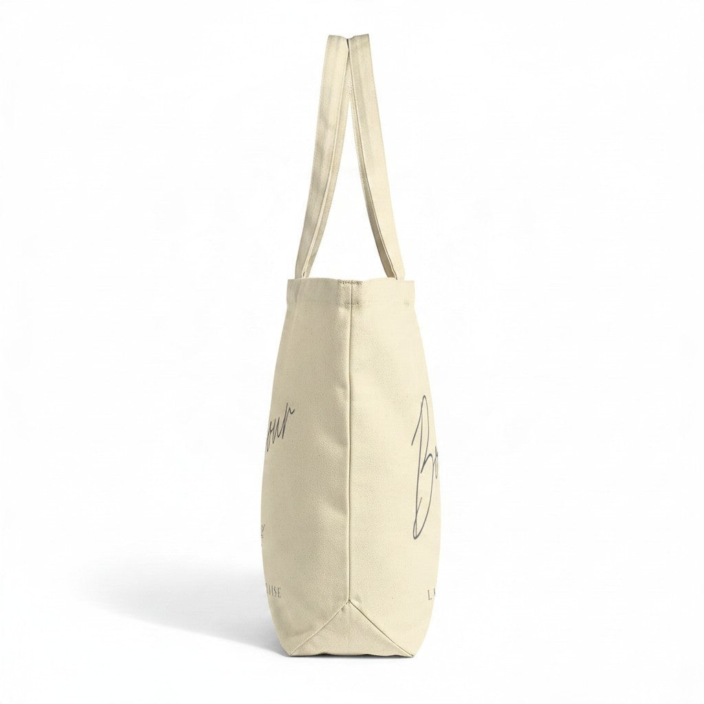 La Ferme Anglaise Bonjour organic brushed cotton canvas tote bag with long shoulder straps in natural beige