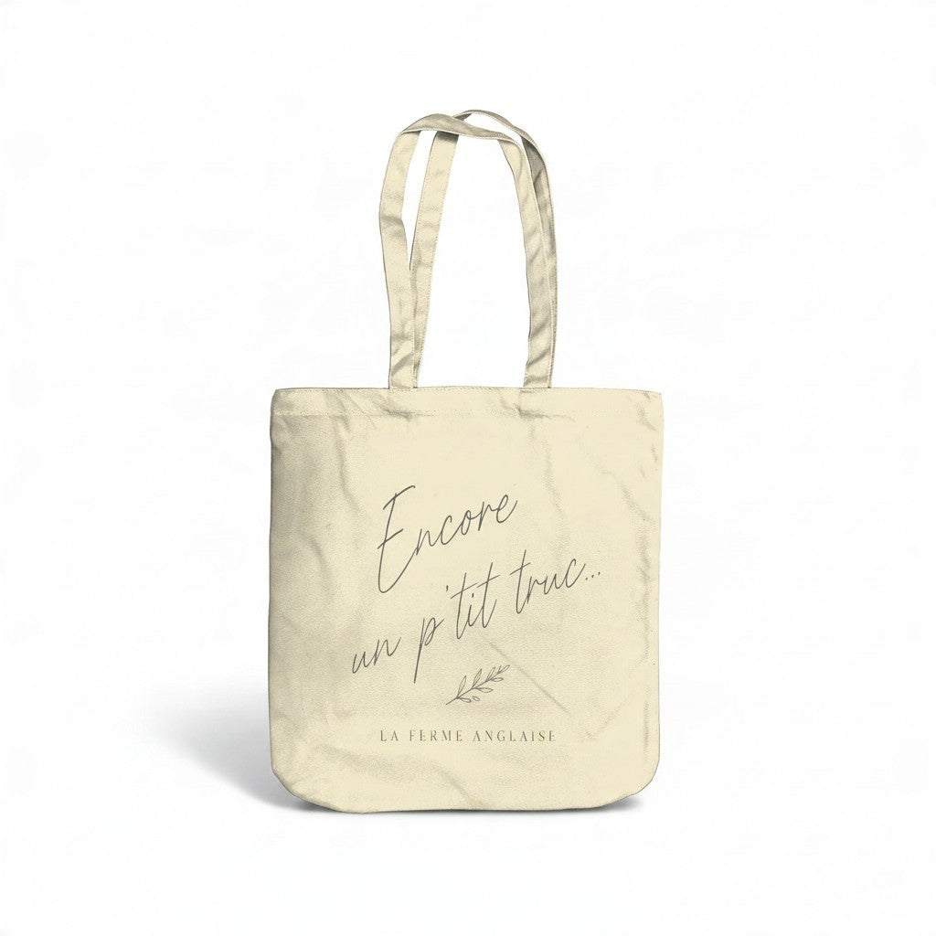 La Ferme Anglaise organic brushed cotton canvas tote bag in cream with black script text and leaf illustration.
