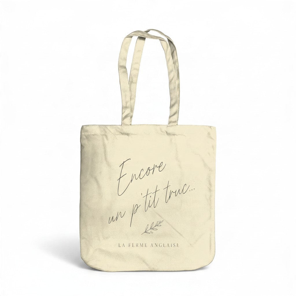 La Ferme Anglaise organic brushed cotton canvas tote bag in cream with black script text and floral detail
