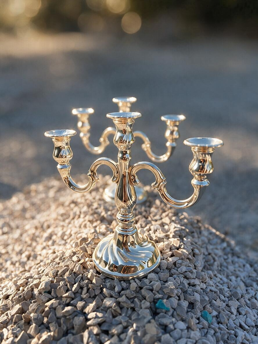 La Ferme Anglaise pair of ornate gold-tone metal 3-arm candelabra with scrolling arms and decorative bases.