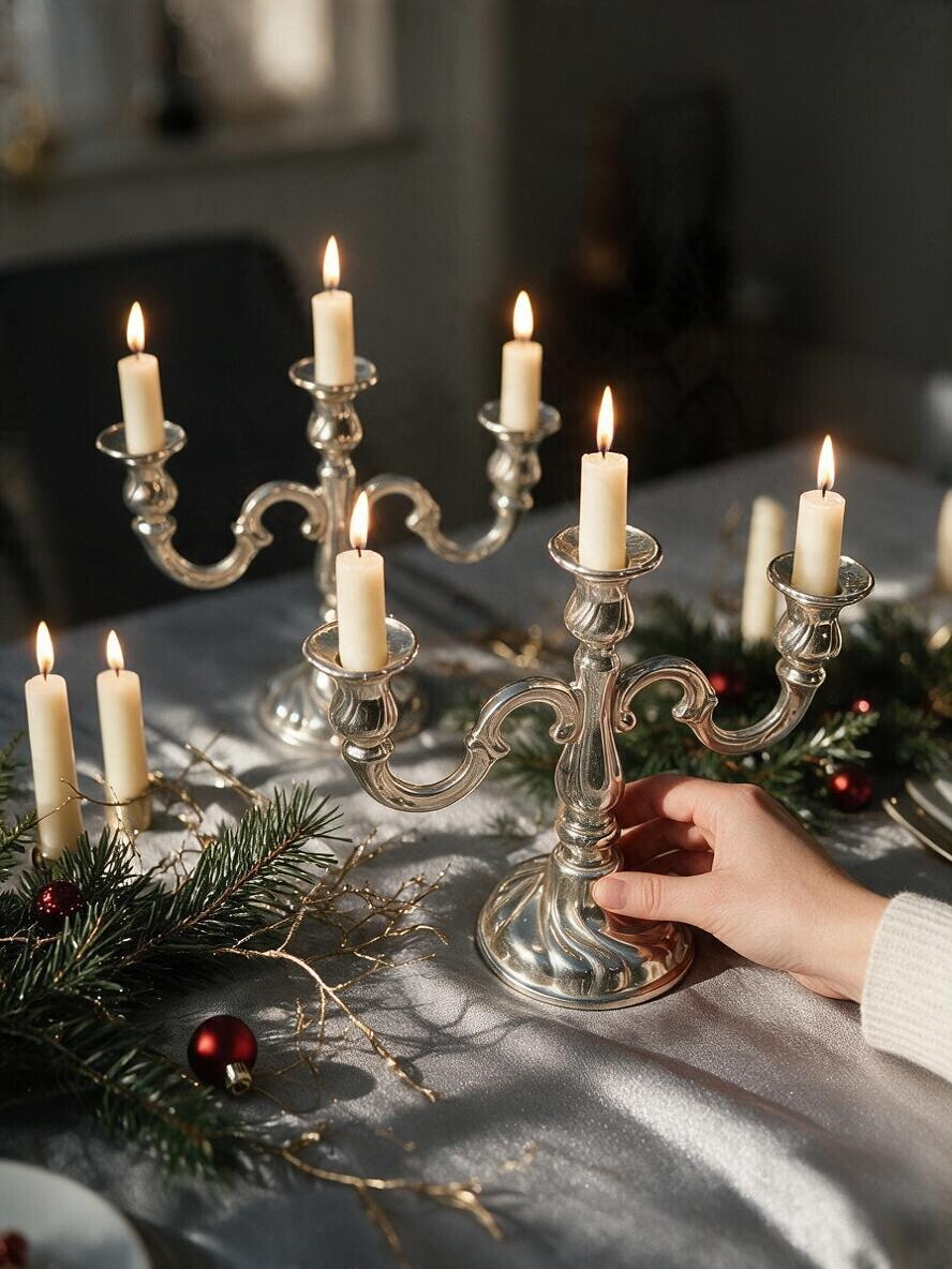 La Ferme Anglaise ornate silver-tone 3-arm candelabra pair styled with lit candles on a festive dining table